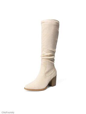 Women's Slouchy Knee-High Chunky Heel Boots Pointed Toe Faux Suede